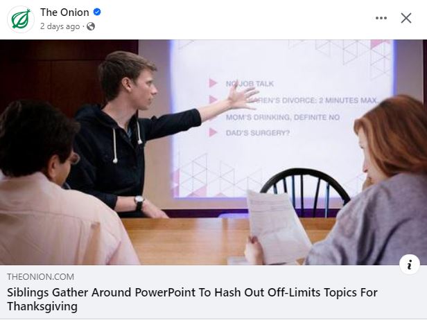 The meme is an image of a family dinner with a young adult (likely a teenager) standing in front of a whiteboard with a PowerPoint presentation titled "Thanksgiving 2023". The title suggests the young adult is presenting a humorous, satirical, or sarcastic take on the family's Thanksgiving traditions.